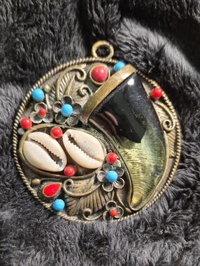 Vintage-Inspired Shell and Gemstone Pendant in Black, Red & Turquoise